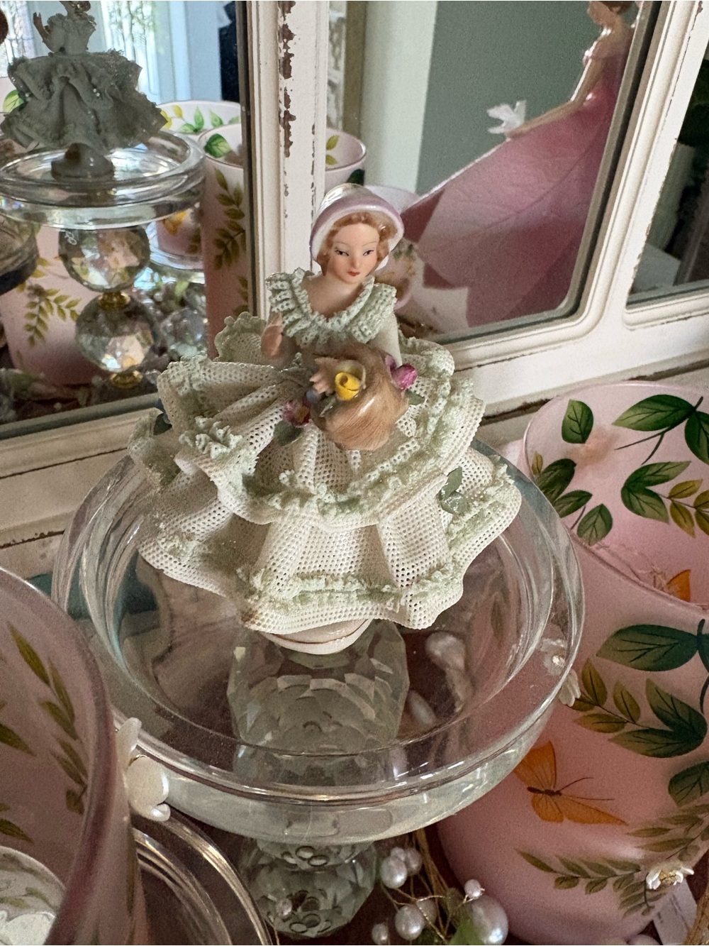 Porcelain Lady Figurine in Pale Green Lace Dress - Elegant Home Accent